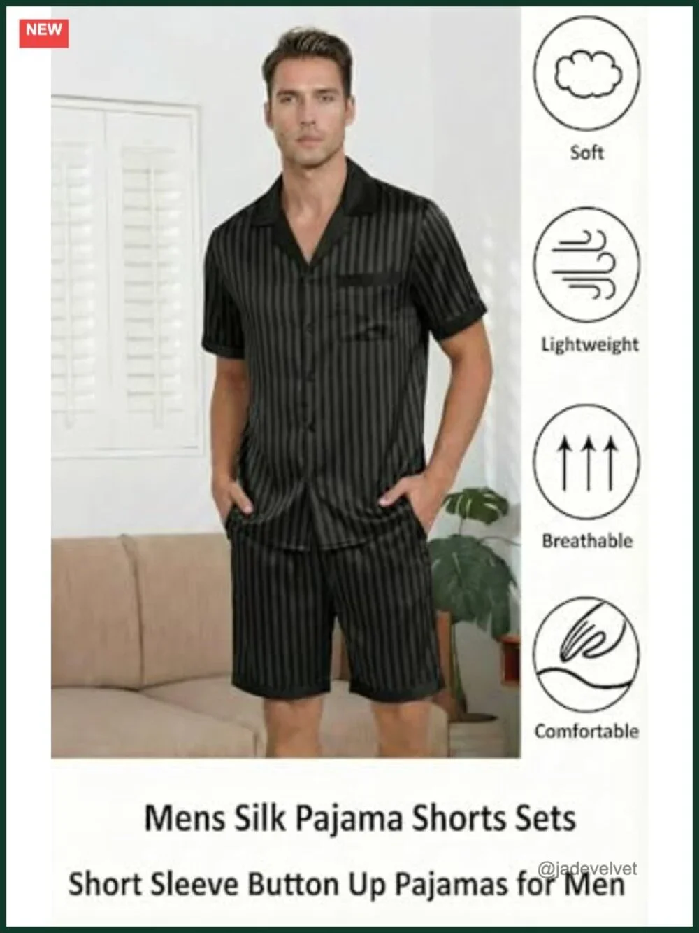 Men's Satin Silk Pajama Set with Pockets Sleepwear Shorts 2-Piece Button Down
